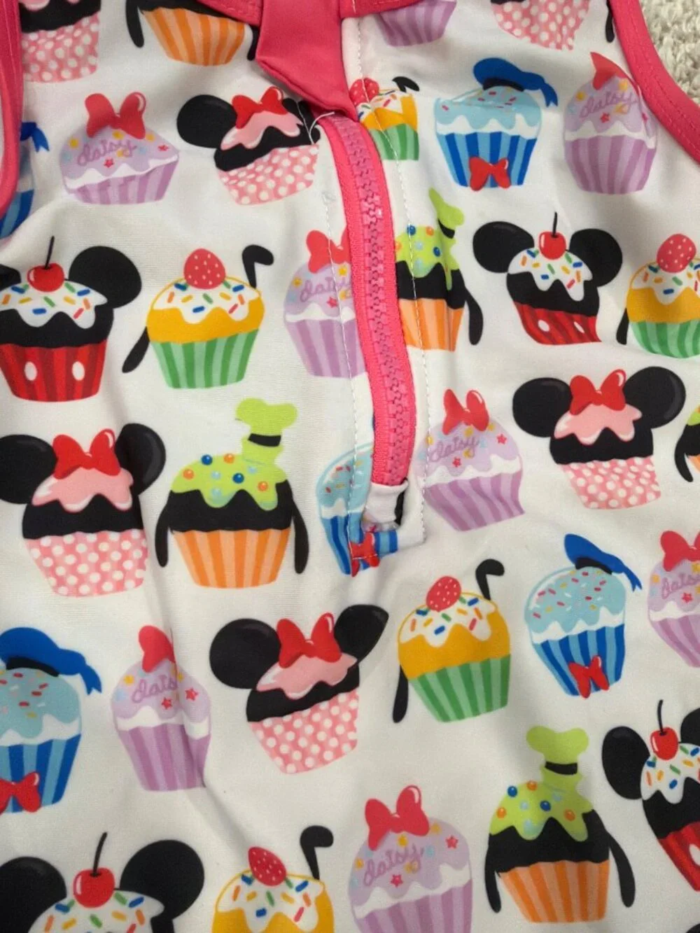 Disney Store Girls Minnie Mouse Cupcake Print One-Piece Swimsuit With Pink Trim